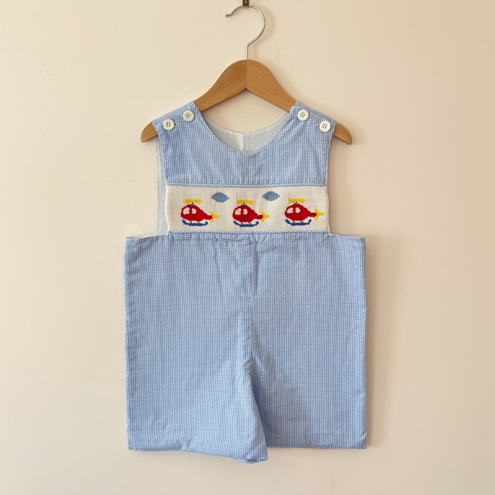 REMEMBER NGUYEN EUC Boys Hand Smocked Helicopter Gingham Heirloom Jon Jon